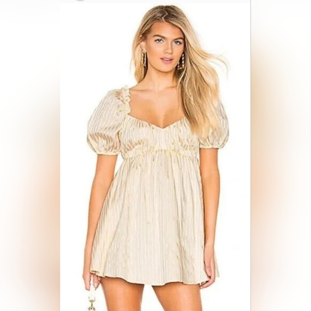 Lovers + friends yellow white striped mini dress puff sleeve